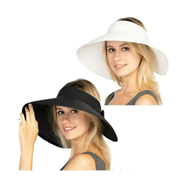 Womens Foldable Straw Sun Hat Portable Wide Brim Roll up Visor Summer Beach Cap with Bowknot 
